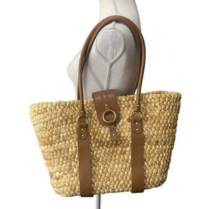 Etienne Aigner Cornhusk Tote Shoulder‎ Bag Leather Trim Pockets Beach Resort